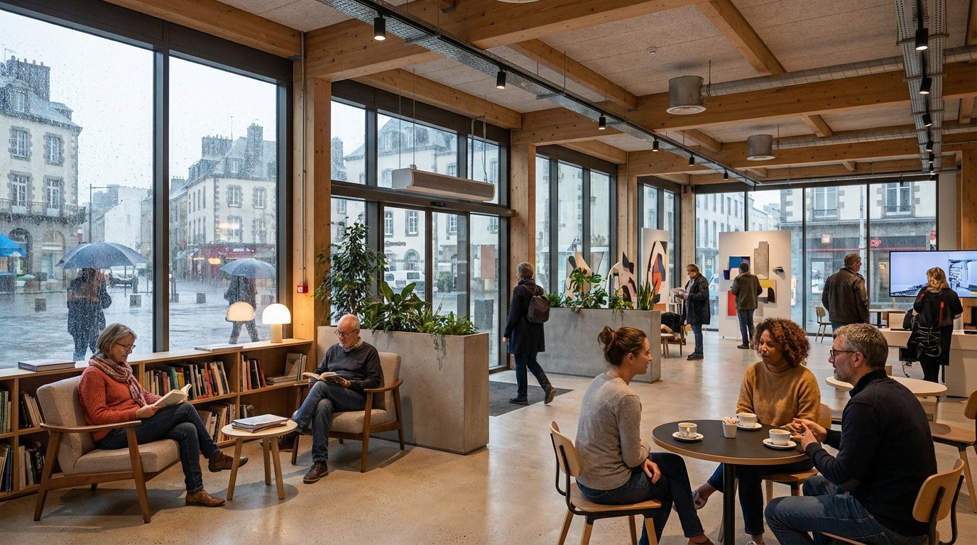 Intérieur moderne et lumineux avec grandes baies vitrées donnant sur une rue de Brest sous la pluie. Des gens lisent, discutent et admirent une exposition, restant au sec.