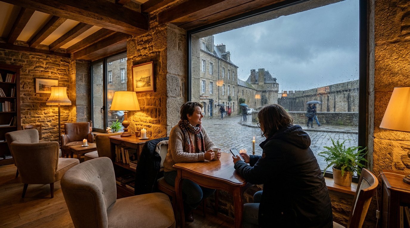 Pause café chaleureuse à Saint-Malo sous la pluie Deux femmes se détendent dans un salon cosy aux murs de pierre, admirant la rue pluvieuse de Saint-Malo à travers la fenêtre.