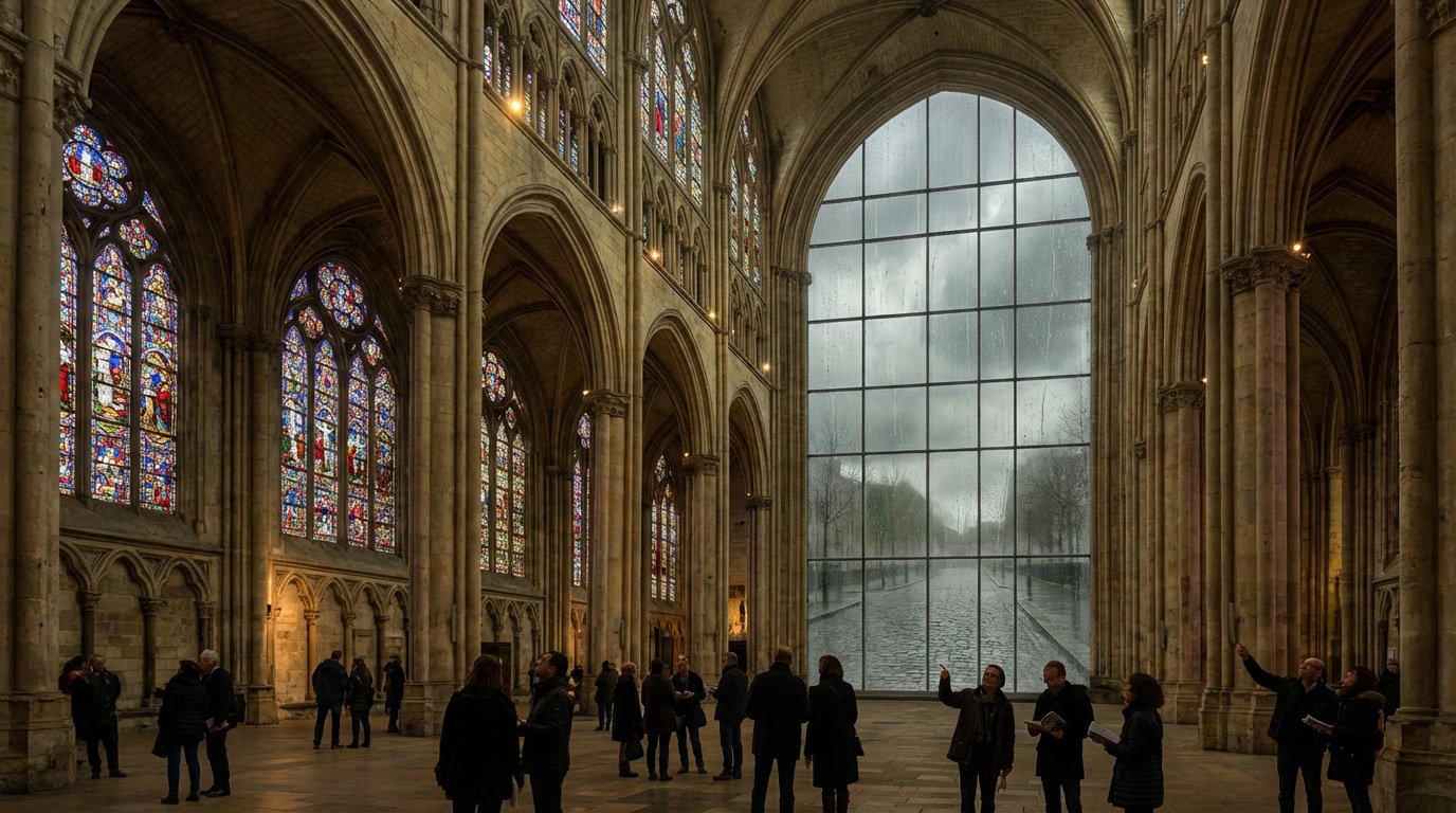 Cathédrale d’Amiens : splendeur intérieure sous la pluie Intérieur Cathédrale d'Amiens: vitraux gothiques et immense baie vitrée. Dehors, rue mouillée sous un ciel de pluie. Visiteurs.