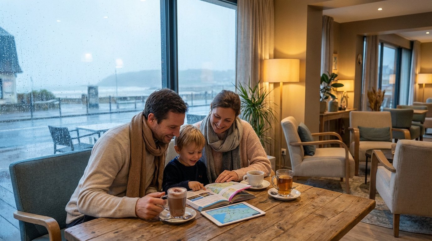 Confort familial à Berck malgré la pluie Une famille (père, mère, enfant) sourit en lisant un livre à table dans un café cosy, la pluie ruisselle sur la fenêtre. Vue sur la mer au loin.