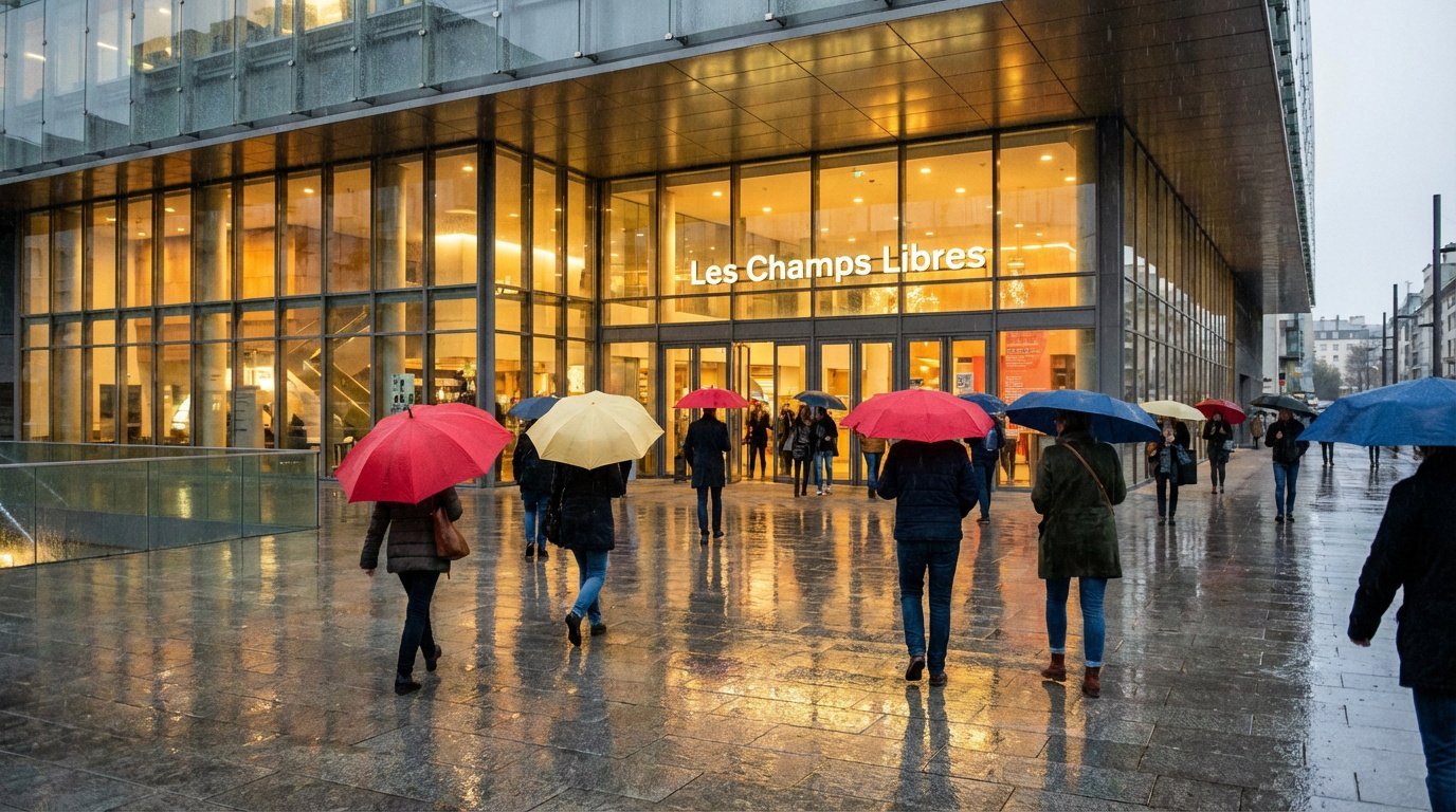 Façade vitrée des Champs Libres à Rennes sous la pluie. Des personnes avec des parapluies colorés marchent sur le sol mouillé.
